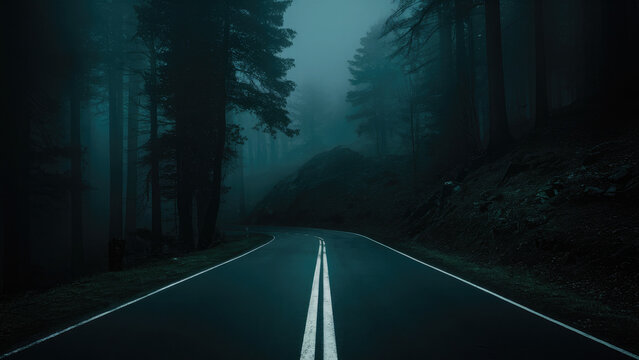 Tranquil road in the fog through a forest at night.