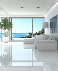 Minimalist living room with ocean view and natural light