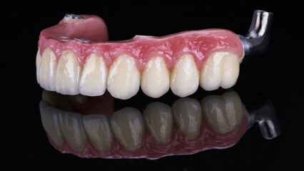 ceramic dental prosthesis on titanium bar with matched artificial gingiva for esthetics