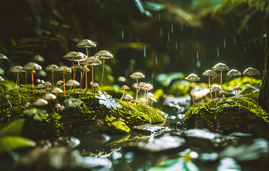 Naklejka premium Edible mushrooms growing on rocks covered with green moss in a forest on a rainy summer or autumnal day. Deep wood, woodland nature. Raining outdoors.