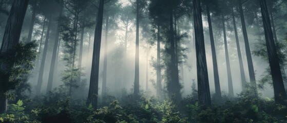 Fototapeta premium Sunlight filters through the dense trees of a misty forest, creating a serene and atmospheric scene.