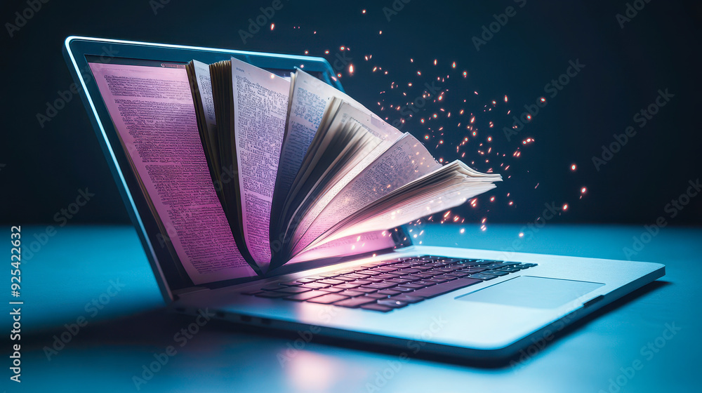 Aufkleber digital knowledge and learning concept with abstract book emerging from laptop, symbolizing modern t