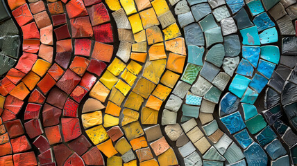 Colorful mosaic tiles arranged in a wave pattern.