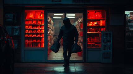 Hooded Figure Exiting Convenience Store at Night Depicting Retail Robbery Under Red Light