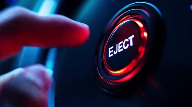 Macro shot of finger pressing a glowing "EJECT" button on an electronics panel.