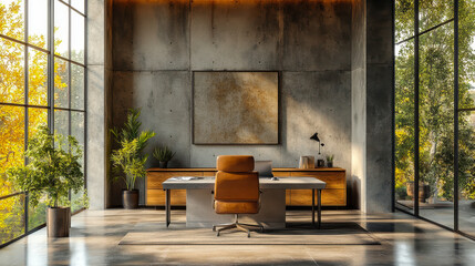 Modern Concrete Office Interior with Natural Lighting and Elegant Minimalist Design Featuring Cozy Workspace and Large Windows during Daytime