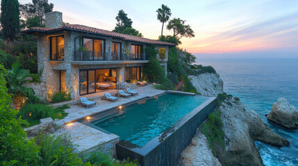 Fototapeta premium Luxury Oceanfront Villa in California with Infinity Pool at Sunset, Modern Coastal Living, Exclusive Real Estate, Relaxing Retreat