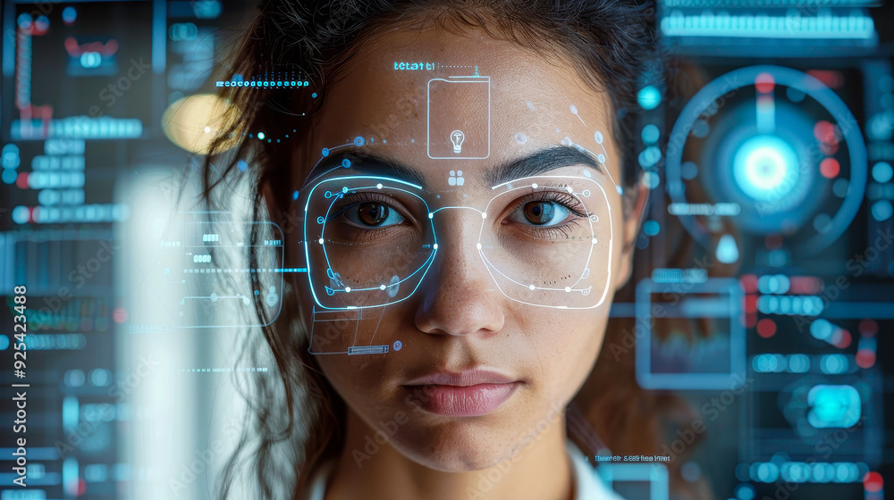 Poster advanced face recognition technology analysis with futuristic interface display and detailed biometr