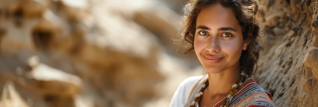 A woman with curly hair smiles outdoors, surrounded by sunlit rock formations, evoking a sense of warmth and natural beauty.