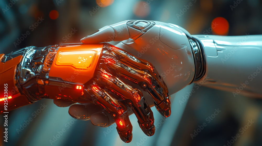 Poster robotic hands shaking: symbol of ai automation and technology collaboration in a futuristic setting,