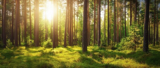 Fototapeta premium Peaceful forest scene with sunlight filtering through tall trees, creating a serene and vibrant atmosphere.