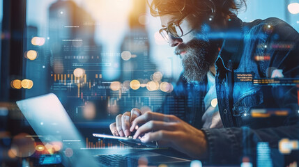 Fototapeta premium Contemplative Programmer at Night Developing Software Code on Laptop with Abstract Data Graphics, Business and Technology Concepts