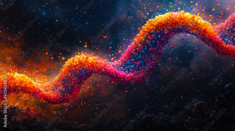 Poster vivid abstract dna strands in space with vibrant multicolored molecular structures, cosmic backgroun