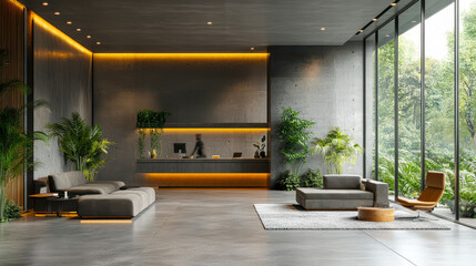 Fototapeta premium Modern minimalistic concrete coworking office with large windows, lounge area, natural light, indoor plants, and sleek furniture to create a serene, productive workspace environment during daytime.
