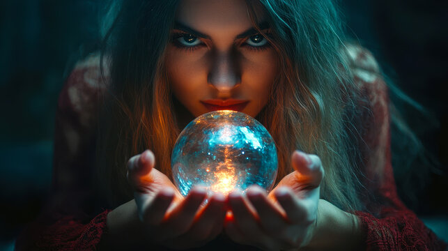 Mystic Woman Holding Illuminated Crystal Ball at Night with Intense Gaze, Enigmatic Fortune Teller in Atmospheric Lighting, Mystical and Spiritual Theme