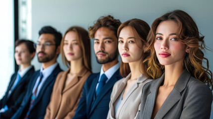 Obraz premium Diverse Business Team in Formal Attire Posing for Professional Office Photo, Daytime, Confidence and Teamwork Concept