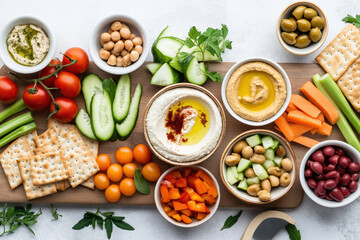 Enjoy a Healthy Snack Platter Featuring Delicious Dips and Fresh Assorted Vegetables. arrangement of various dips, fresh vegetables and tasty snacks for healthy lifestyle choice. World Vegetarian Day