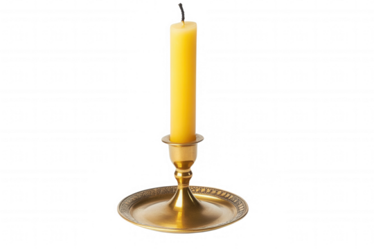 A beautiful golden candlestick holder with a lit yellow candle, transparent background