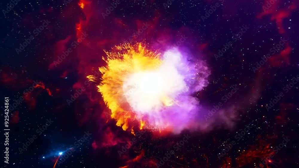 Poster colorful fiery explosion in deep space during cosmic event generative ai
