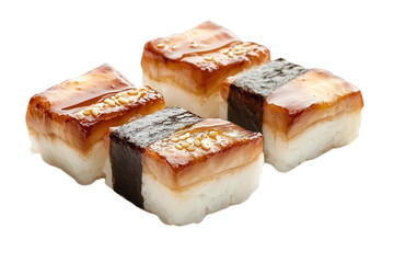 Delicious sushi piece arranged artistically, showcasing vibrant colors and textures, transparent background