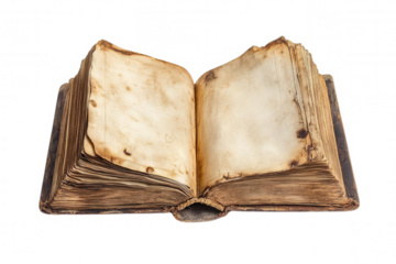 An antique open book with yellowed pages, transparent background
