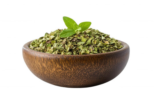 A wooden bowl filled with dried oregano, transparent background