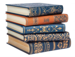 A stack of vintage books with ornate covers, transparent background