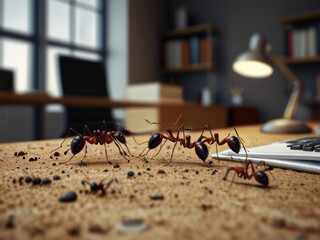 Close-Up of Ants Marching Across a Desk in Modern Office Setting