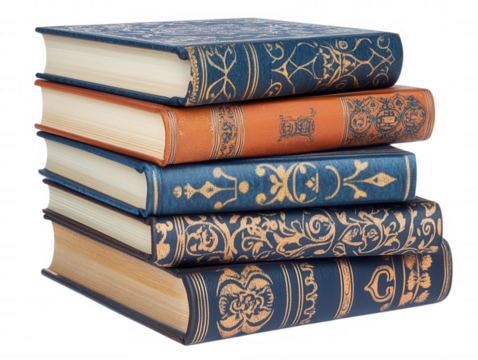 A stack of vintage books with ornate covers, transparent background