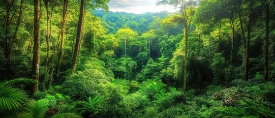 Obraz premium Vibrant green tropical forest filled with dense foliage and tall trees under a bright sky.