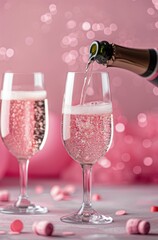 Sparkling Rose Champagne Poured Into Elegant Glasses With Pink Background