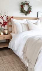 Fototapeta premium Elegant Winter Table Setting With Candles and Red Berries in Cozy Bedroom