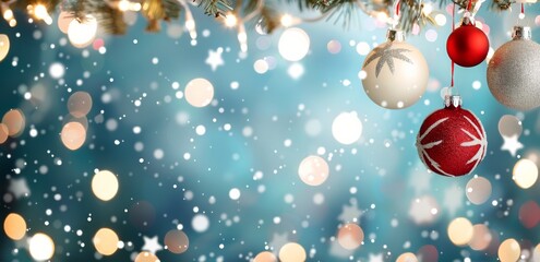 Colorful Christmas Ornaments Hanging With Glittering Lights in Winter Wonderland
