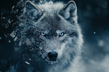 The Majestic Wolf roams a Mystical Winter Landscape filled with wonder and beauty. A breathtakingly stunning wolf emerges from a misty and snowcovered backdrop, showcasing natures wild beauty. Poster