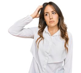Young brunette woman wearing casual clothes confuse and wonder about question. uncertain with doubt, thinking with hand on head. pensive concept.