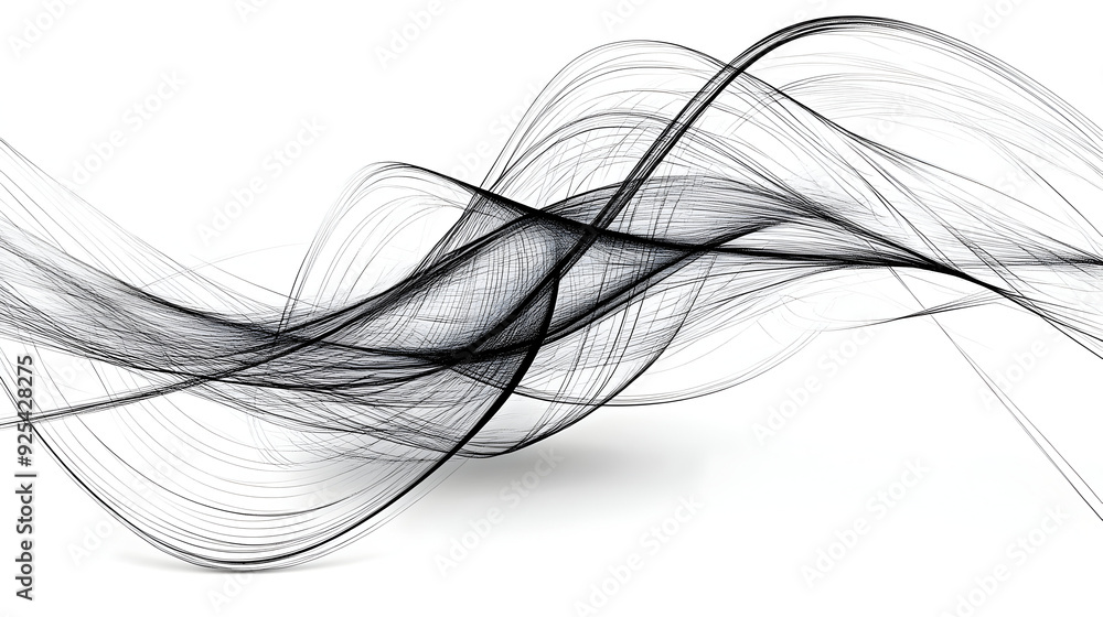 Poster abstract black lines creating fluid wave patterns on a white background.