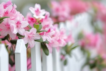 Pink Azaleas Blooming Along A White Picket Fence In Springtime Garden
