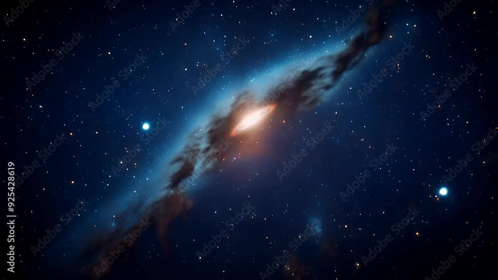 Wall mural video of distant galaxy seen from deep space, with glowing core and swirling arms, surrounded by sta