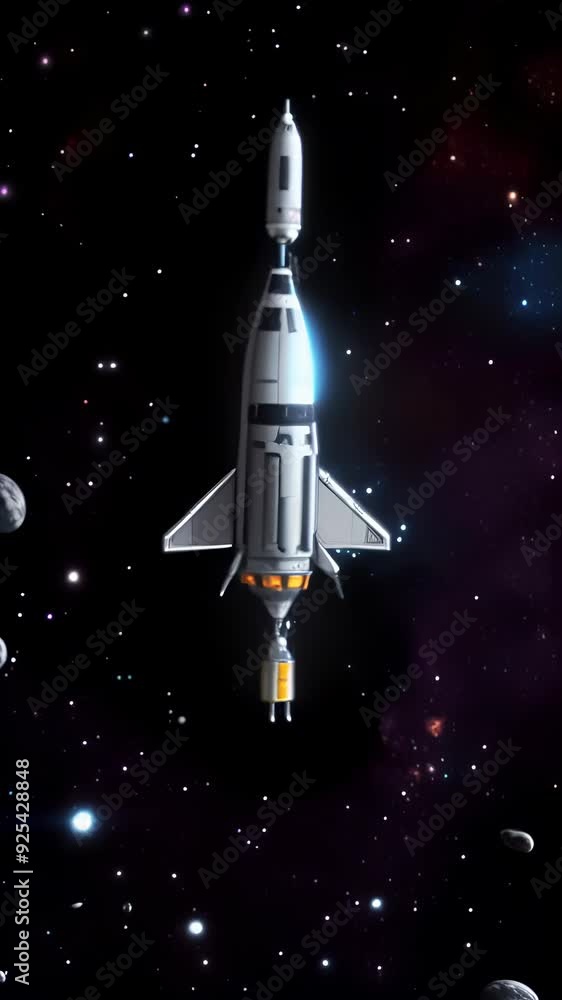 Wall mural video of space rocket floating in deep space, surrounded by distant stars and celestial objects, rep