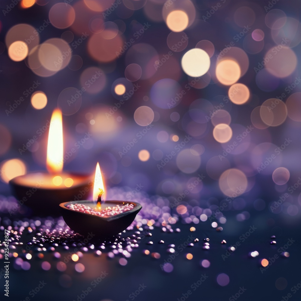 Poster glowing diya on sparkling surface with blurred lights in background