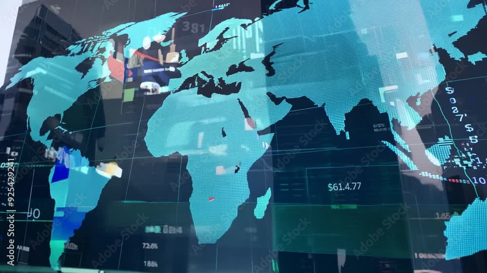 Poster global cryptocurrency trends displayed on digital map generative ai