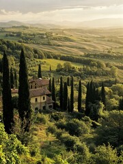 A charming Italian village bathed in the warm glow of the setting sun, with terracotta-roofed houses nestled amidst verdant hills and vineyards.