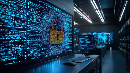 Virtual firewall, cyber attack prevention, neon-blue glow, futuristic control room