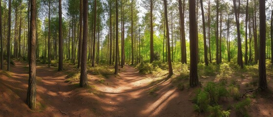 Obraz premium A scenic sunlit path winding through a tranquil forest, surrounded by tall trees and lush greenery.