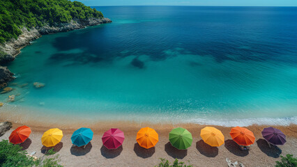  A vibrant array of rainbow-colored umbrellas on a beach, evoking a joyful summer and vacation vibe under a clear blue sky.