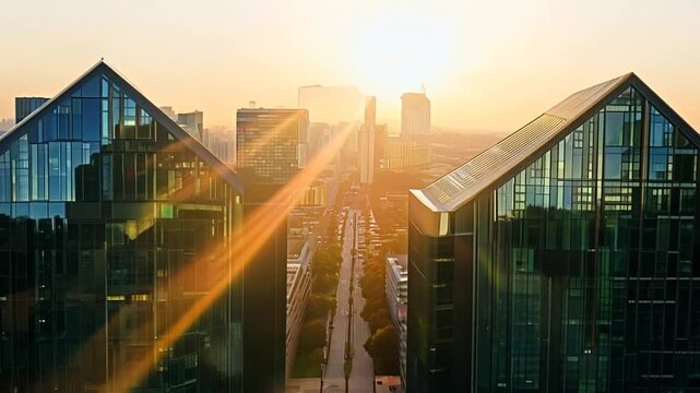 Golden Hour Light Illuminates Interlocked Office Buildings in Skyline Generative AI