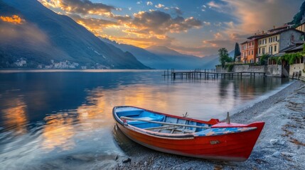 A red and white boat is docked at a pier in Italy. The sun is setting over the mountains.