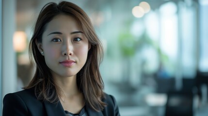 Fototapeta premium A confident woman dressed in business attire stands with poise in an office setting, symbolizing professionalism and success in a corporate environment.