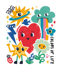 Funny cartoon Heart illustration.Love concept.Retro cartoon stickers.Set of Funny Character Emoticons. Pop Art Elements.Vector illustration of heart, patch, cloud , cloud, rainbow, abstract faces etc.