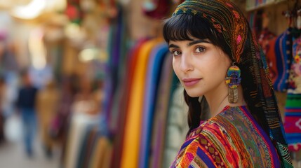 Fototapeta premium A woman in colorful clothes stands in a vibrant market, displaying a curious expression, capturing the essence of culture and diversity.